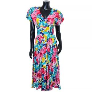 Vintage Erika's Place Floral Rayon Midi Dress Pink Tropical Button Back Sundress